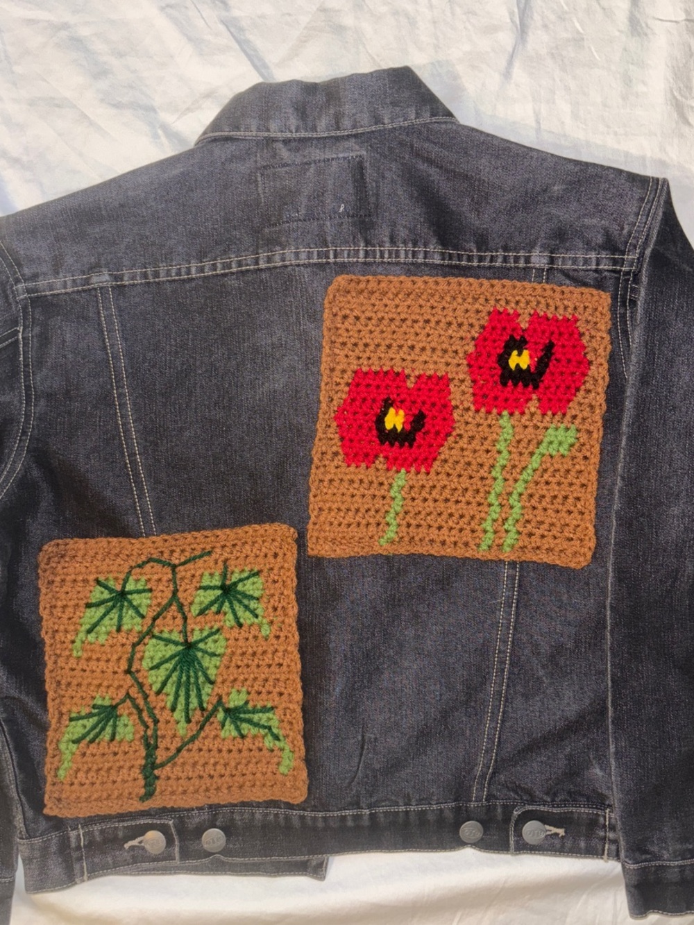 Autumn Olive Women’s Custom Crochet Patch Black Denim Jacket - X Small